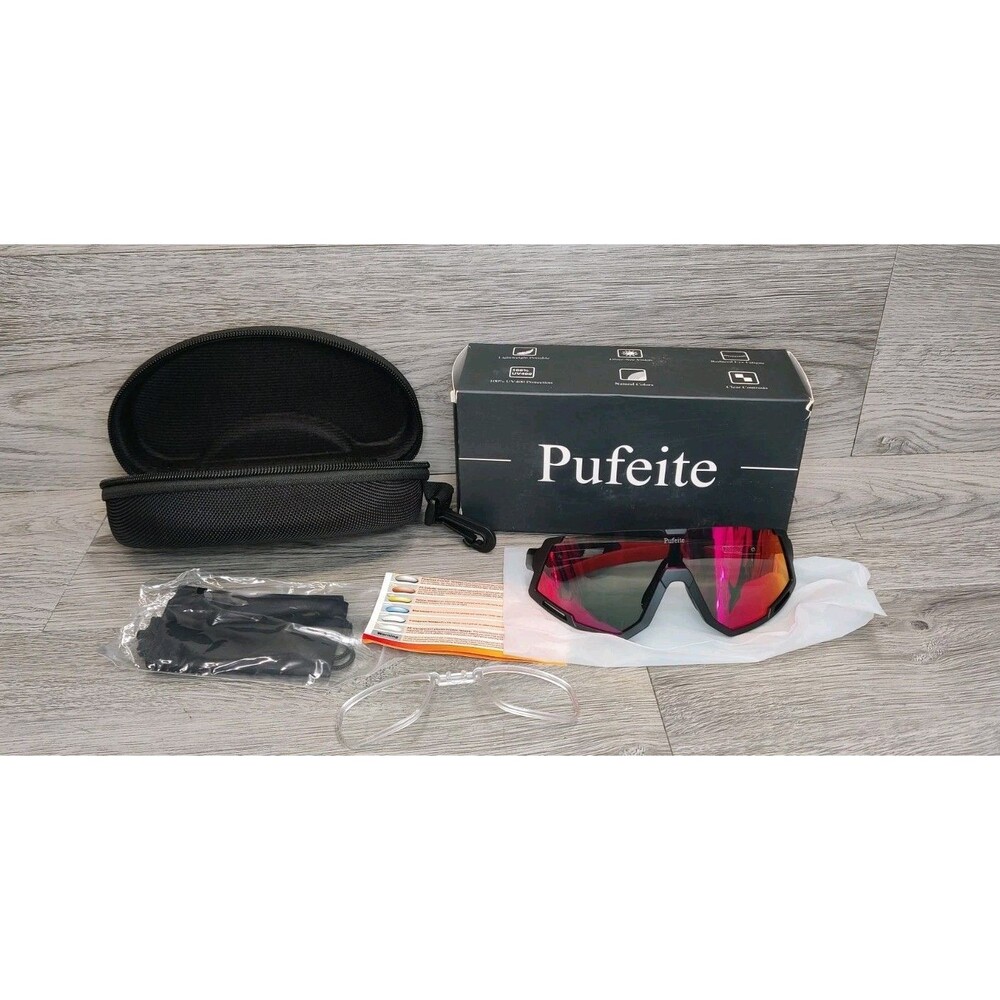 Pufeite Cycling Sunglasses Polarized UV400 Red Mirror Lens Sport Eyewear Case